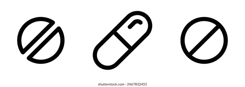 Un conjunto de tres iconos vectoriales en blanco y negro que representan diferentes tipos de píldoras y una cápsula. Perfecto para su uso en diseños médicos, farmacéuticos o de temática sanitaria. Trazo editable.