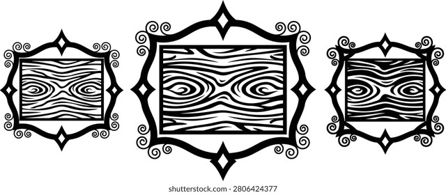 A set of three black and white vector illustrations depicting ornate wooden signs with decorative frames on a white background.