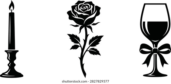 A set of three black and white vector icons featuring a burning candle, a blooming rose, and a wine glass with a decorative ribbon.