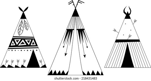 Set of three black and white wigwams