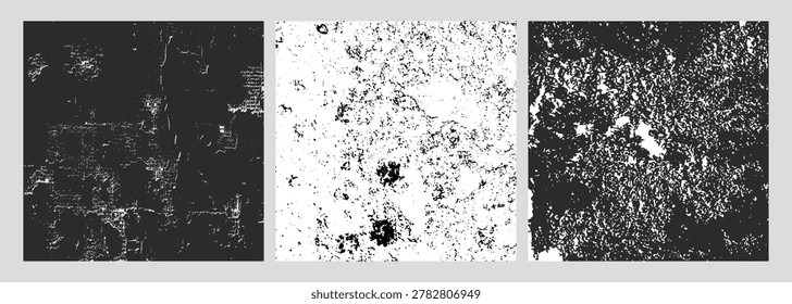 Set of three black-and-white texture patterns with cracked, corroded, and granular surfaces, abstract grunge design for backgrounds, materials, or digital art projects