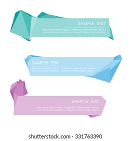 Set of three blank banner, forms inscriptions for your text, in the style of polygons. Color purple, aquamarine, blue.