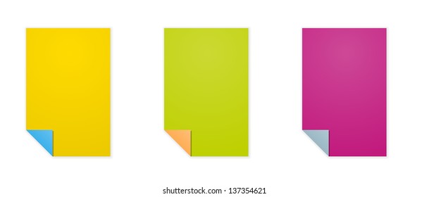 The set of three blank colored rectangle templates / rectangle templates with folded corner