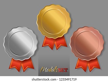Set of three blank medals with red ribbons. Gold, silver, bronze medallions.  Blank medals set. Vector illustration.