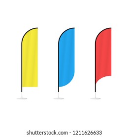 Set of three blank, textile banners or flags in various shapes, for brand promotion. Mockup for your design. Vector