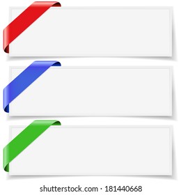 Set of three blank web banner frames with colorful ribbons, shadow effect and empty space for your copy and picture. EPS 10 vector illustration isolated on white background.