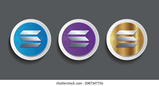 Set of three block chain based crypto currency logo for Solana (SOL) vector illustration. Can be used as icon, symbol, sticker, and print design. 