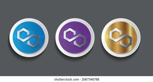 Set of three block chain based crypto currency logo for Polygon (MATIC) vector illustration. Can be used as icon, symbol, sticker, and print design. 