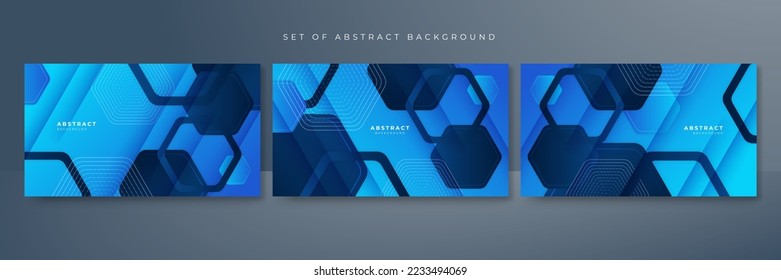Conjunto de tres antecedentes azules con diseño de concepto corporativo moderno. Ilustración vectorial para el diseño de presentaciones, banner tecnológico, fondo de juego, portada de medios sociales
