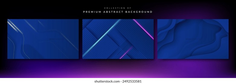 Set of three blue background with modern corporate concept, suit for presentation design, business card, technology banner and more