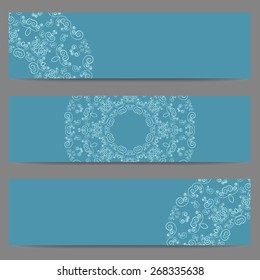 Set of three blue banners decorated with ornate lacy pattern