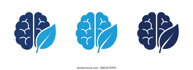 A set of three blue brain icons combined with a leaf symbol to represent organic intelligence sustainable mindset and mental wellness concepts