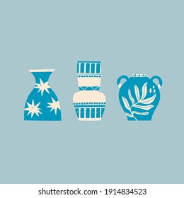 Set aus drei blauen Keramikvasen. Unterschiedliche Formen. Antike, antike Keramik. Keramik-Konzept. Verschiedene Texturen. Handgezeichnete Vector Trendy Illustration. Alle Elemente sind isoliert. blauer Hintergrund