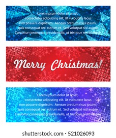 Set of three blue Christmas banners with space for text. Winter background with snowflakes. Christmas sale frame. Winter template. Christmas frame. Christmas background.