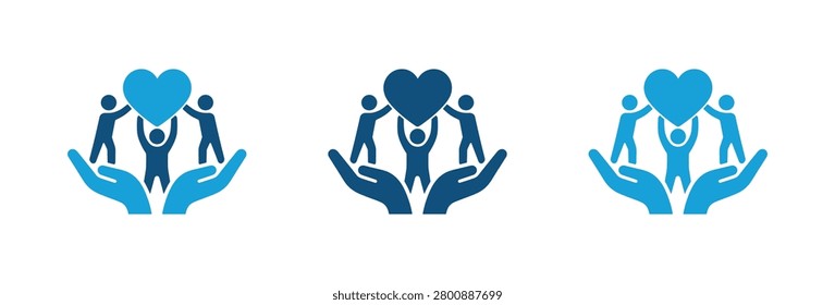 A set of three blue conceptual icons representing teamwork philanthropy and social care with human figures lifting a heart symbol protected by hands
