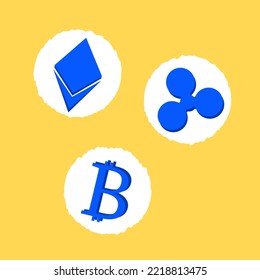 Set of three blue cryptocurrency coins in white circles on yellow background. Flat icons. NFT nonfungible token illustration. Vector cryptocurrency. Bitcoin, ripple, ethereum
