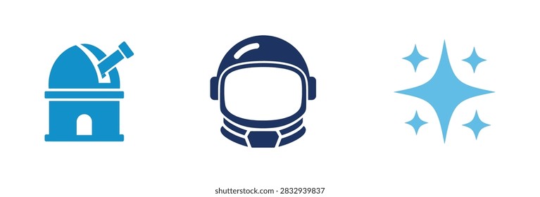 A set of three blue flat icons representing space science including an astronomical observatory building a cosmonaut helmet and sparkling celestial stars