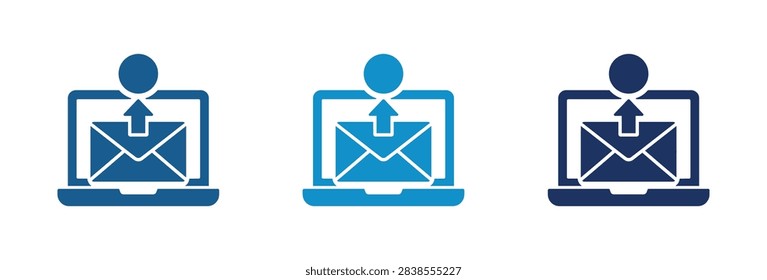 A set of three blue flat icons representing electronic mail delivery through a laptop computer with an arrow pointing to a user profile icon.
