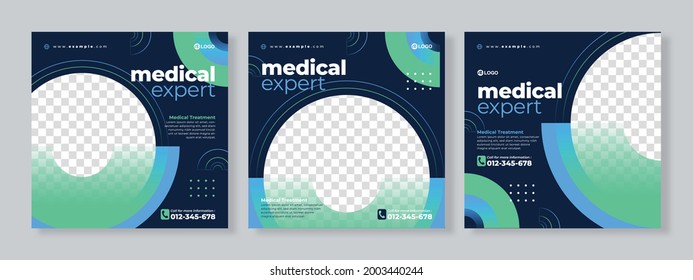 Set of three blue geometric background of medical expert banner social media pack template premium vector