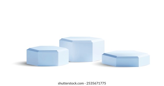 Set of three blue geometric pedestal displays in different sizes. These octagonal platforms are ideal for showcasing products in advertising, presentations, or 3D design projects. Vector illustration