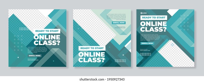 Set of three blue geometrical school admission or education social media pack template premium vector