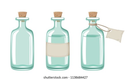 Set of three blue glass bottles isolated on a white background.