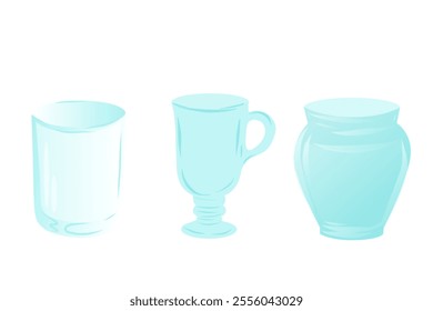 Set of three blue glassware items including a tumbler, a mug, and a jar. Minimalistic vector illustration isolated on a white background. Kitchenware and home decor concept for design and print.