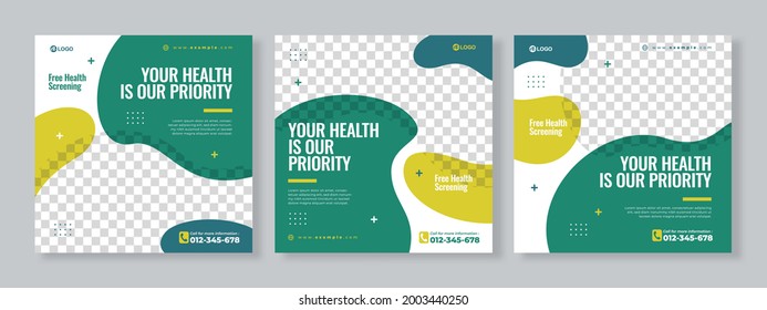 Set of three blue green fluid memphis background of medical expert banner social media pack template premium vector