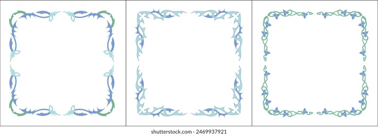 Set of three blue green frames with fantasy ornament . Fantasy green corners. Fairy tail decoration, book decoration.