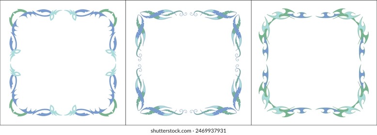 Set of three blue green frames with fantasy ornament . Fantasy green corners. Fairy tail decoration, book decoration.