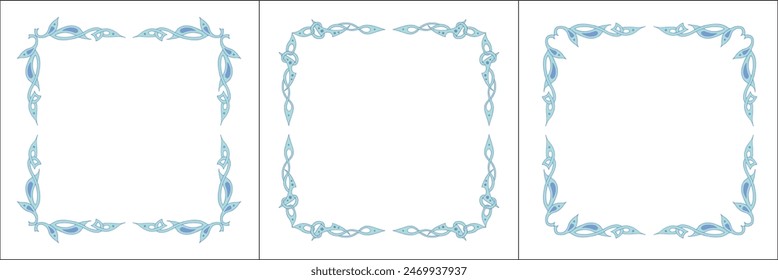 Set of three blue green frames with fantasy ornament . Fantasy green corners. Fairy tail decoration, book decoration.
