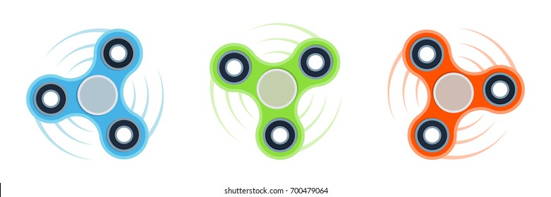 Set of three blue, green and red fidget spinners isolated on white. Flat style vector colorful illustration.
