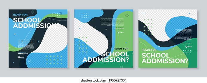 Set of three blue green school admission or education social media pack template premium vector