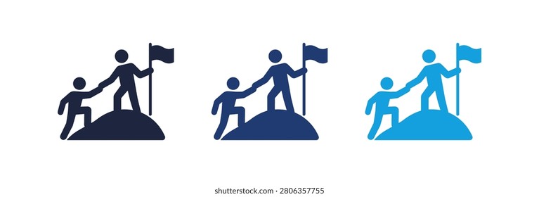 A set of three blue icons depicting a mentor assisting a colleague to reach the summit of a hill representing success and cooperation