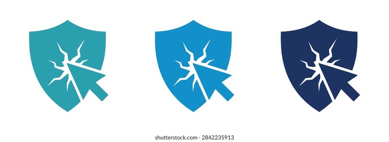 A set of three blue icons representing digital security failure with a mouse cursor cracking a protective shield symbol for cyber attack concepts