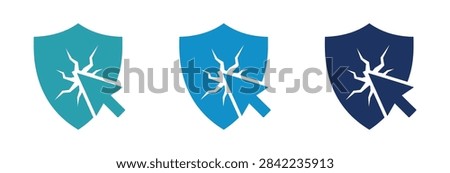 A set of three blue icons representing digital security failure with a mouse cursor cracking a protective shield symbol for cyber attack concepts