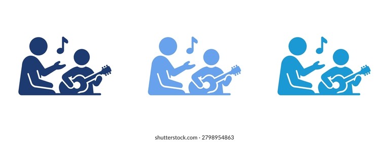A set of three blue icons showing a music instructor teaching a young student how to play the guitar with musical notes and flat design style