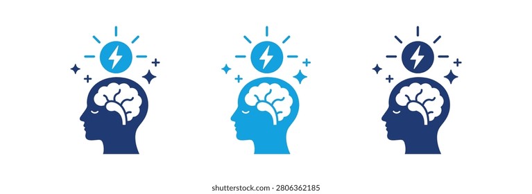 A set of three blue icons showing a human head profile with a visible brain and a lightning bolt symbol above representing mental energy and innovation