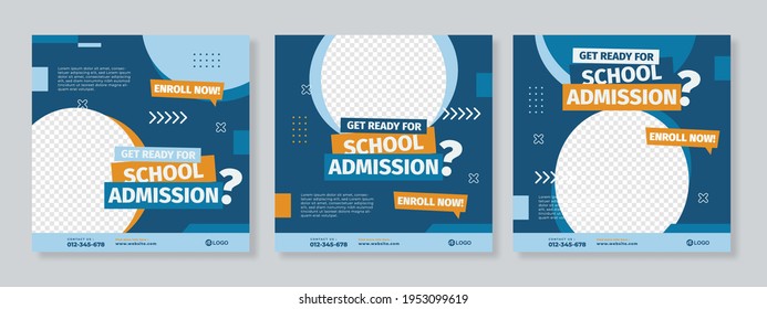 Set of three blue orange school admission or education social media pack template premium vector