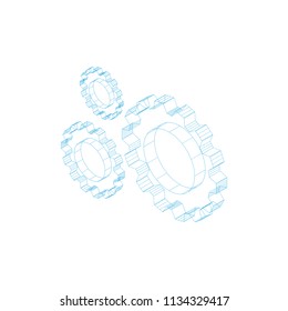 Set of three blue outline gears isolated on white background