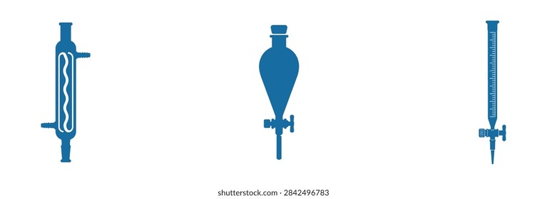 A set of three blue scientific glassware illustrations featuring a graham condenser a separatory funnel and a graduated burette for chemistry experiments and laboratory analysis