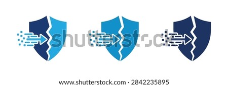 A set of three blue shield icons representing data protection failure with a crack and a digital arrow impact symbolizing a cyber attack or security vulnerability.