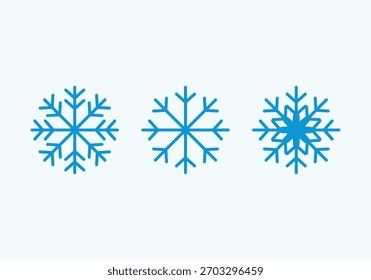Conjunto de tres iconos de copo de nieve azul en diferentes estilos, concepto de Clima de invierno, congelación y Navidades
