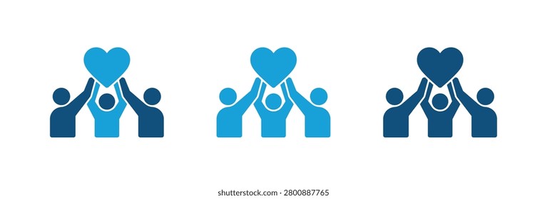 A set of three blue vector icons representing teamwork cooperation and love with human figures lifting a heart shape collectively