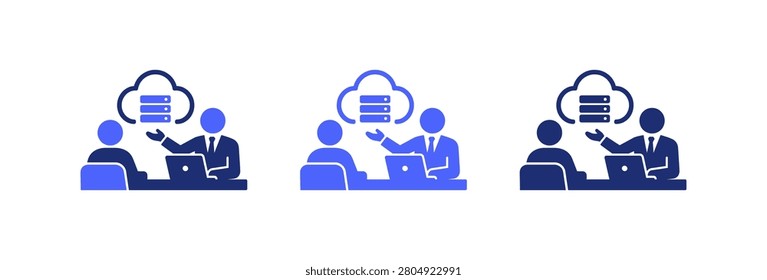 A set of three blue vector icons depicting business people collaborating on cloud storage and database server management using laptop computers