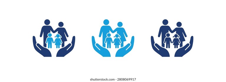 A set of three blue vector icons representing family safety security and life insurance with silhouettes of parents and children protected by hands
