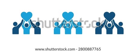 A set of three blue vector icons representing teamwork cooperation and love with human figures lifting a heart shape collectively