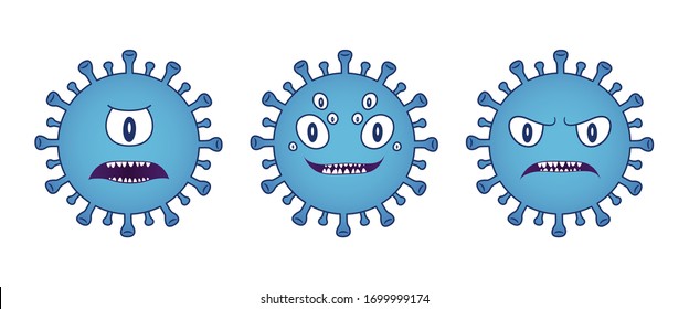 Set of three blue Viruses. Pack of Corona Virus with eyes and face. Microbiology And Virology Concept icon maskot for kids. Dangerous pandemic smiley and emoticon. Bacterium Quarantine logo, symbol