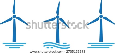 Set of three blue wind turbine icons representing onshore and offshore wind energy generation concepts, isolated on transparent background