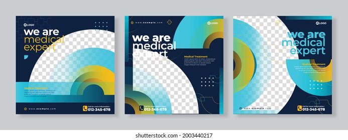 Set of three blue yellow geometric background of medical expert banner social media pack template premium vector